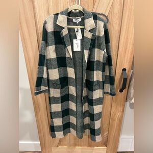 John + Jenn Green and Cream Buffalo Check Open Front Trench Coat